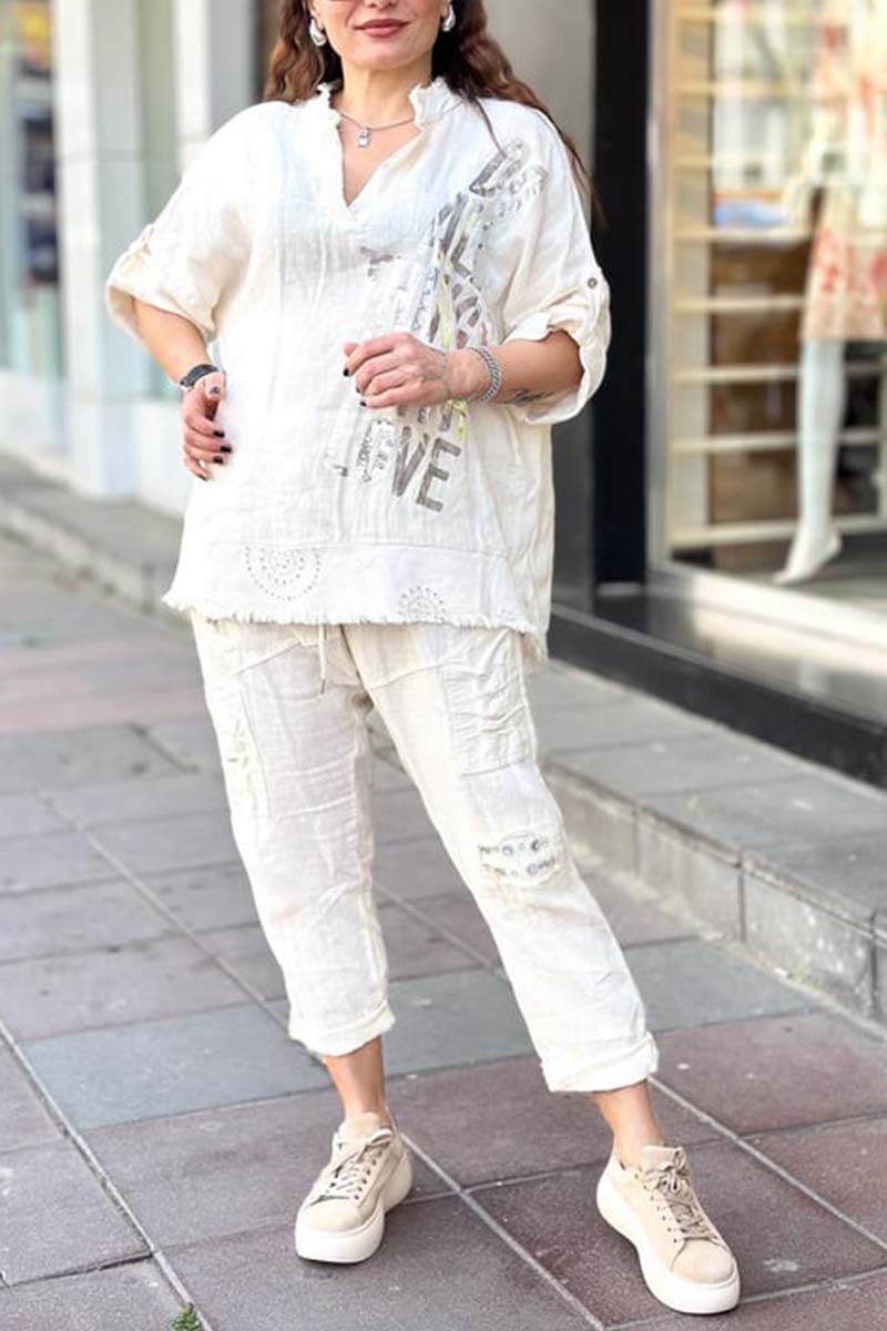 Women's casual letter printed cotton and linen top + pants set