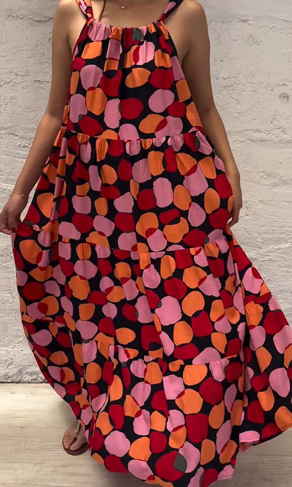 Women's Loose Colour Block Print Patchwork Sleeveless Maxi Dress