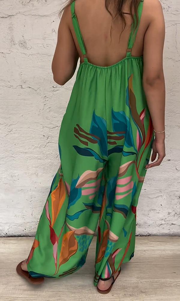 Women's Sleeveless Printed Jumpsuit with Crew Neck