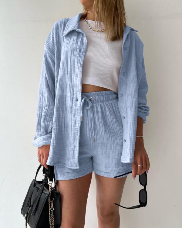 Casual two-piece lapel long-sleeved shirt set
