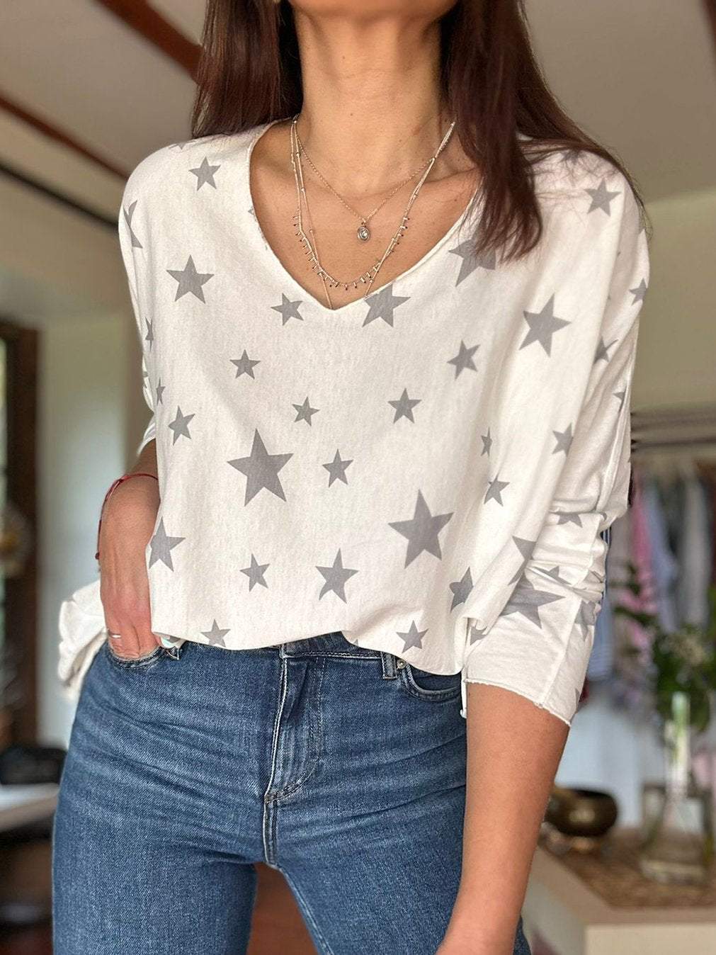 Women's Casual Star Print Round Neck Long Sleeve Top