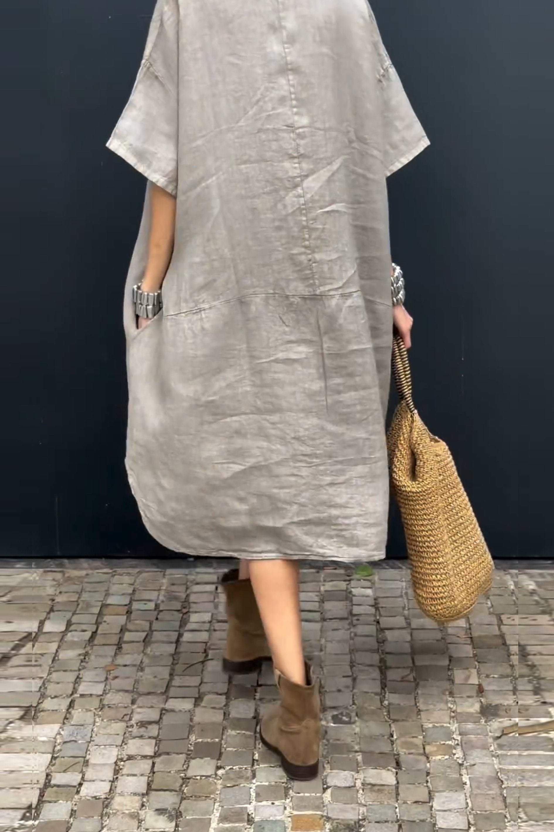 V-neck Buttoned Cotton and Linen Dress