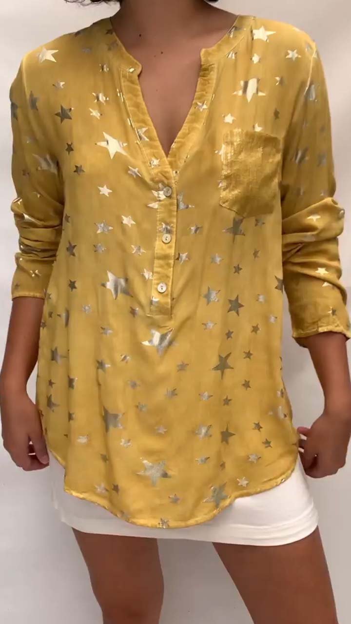 Women's Casual Star Print Sequin Pocket Long Sleeve Top