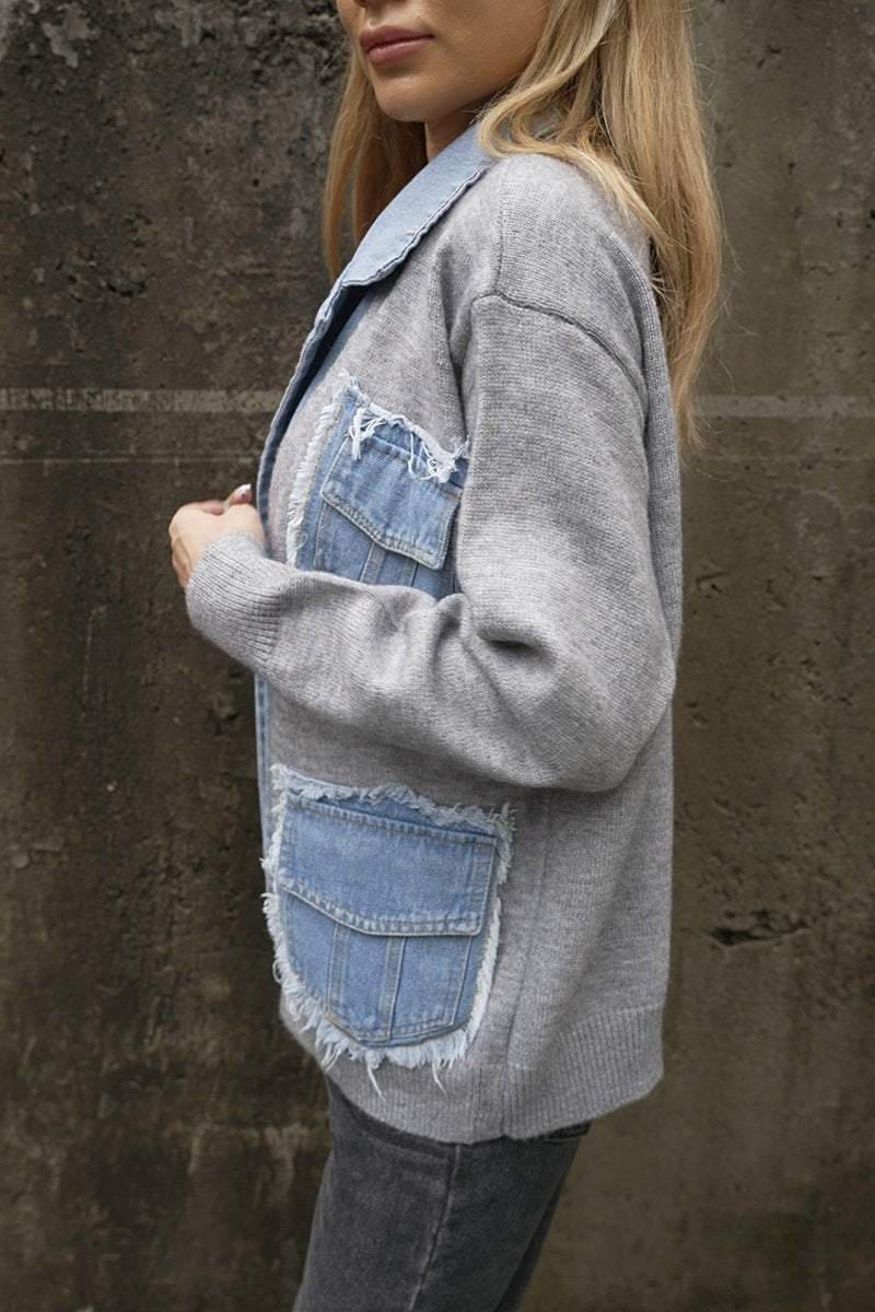 Women's knitted denim patchwork jacket