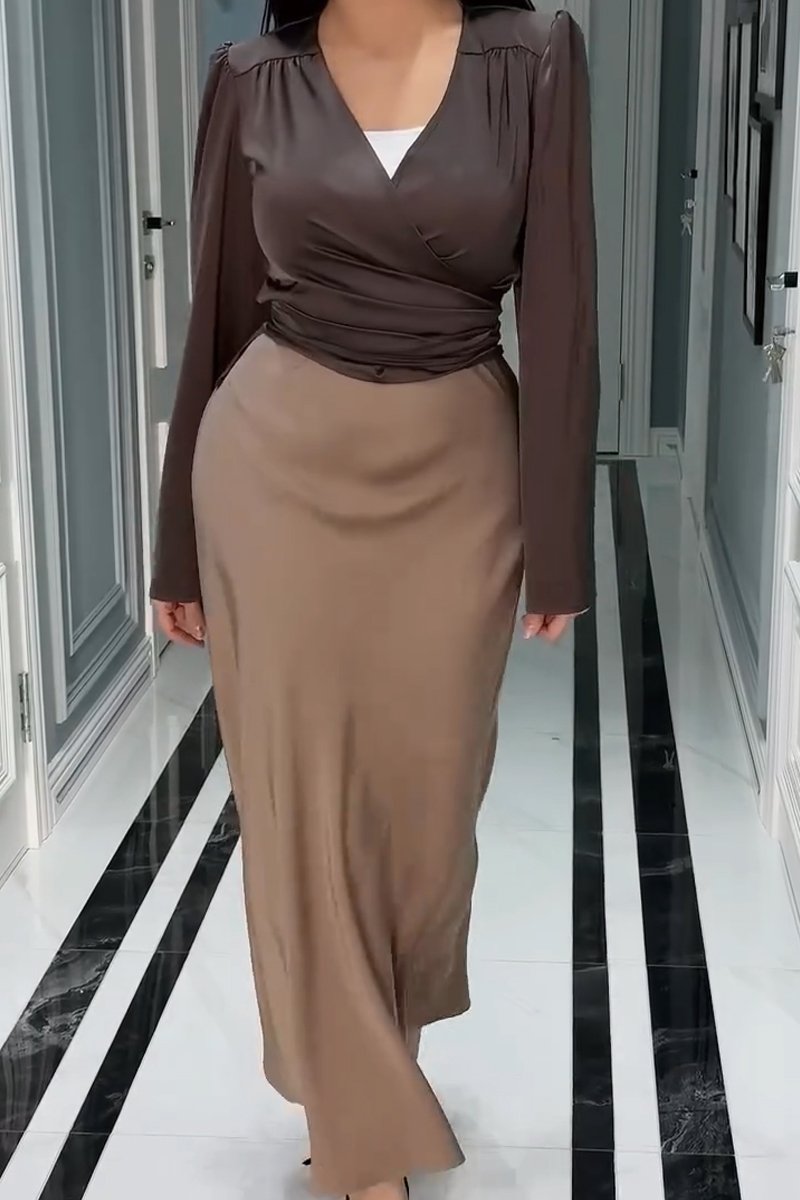 Satin V-neck top and skirt suit