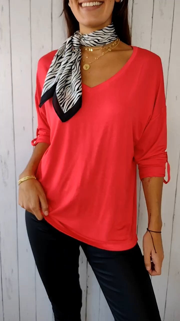 V-neck Mid-sleeve Solid Color Top