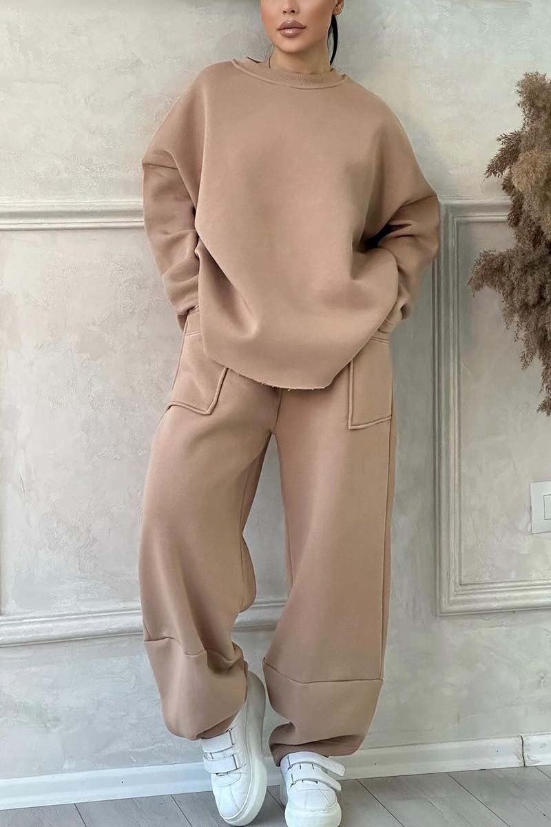 Women's Casual Solid Color Round Neck Long Sleeve Sweatshirt Sports Suit