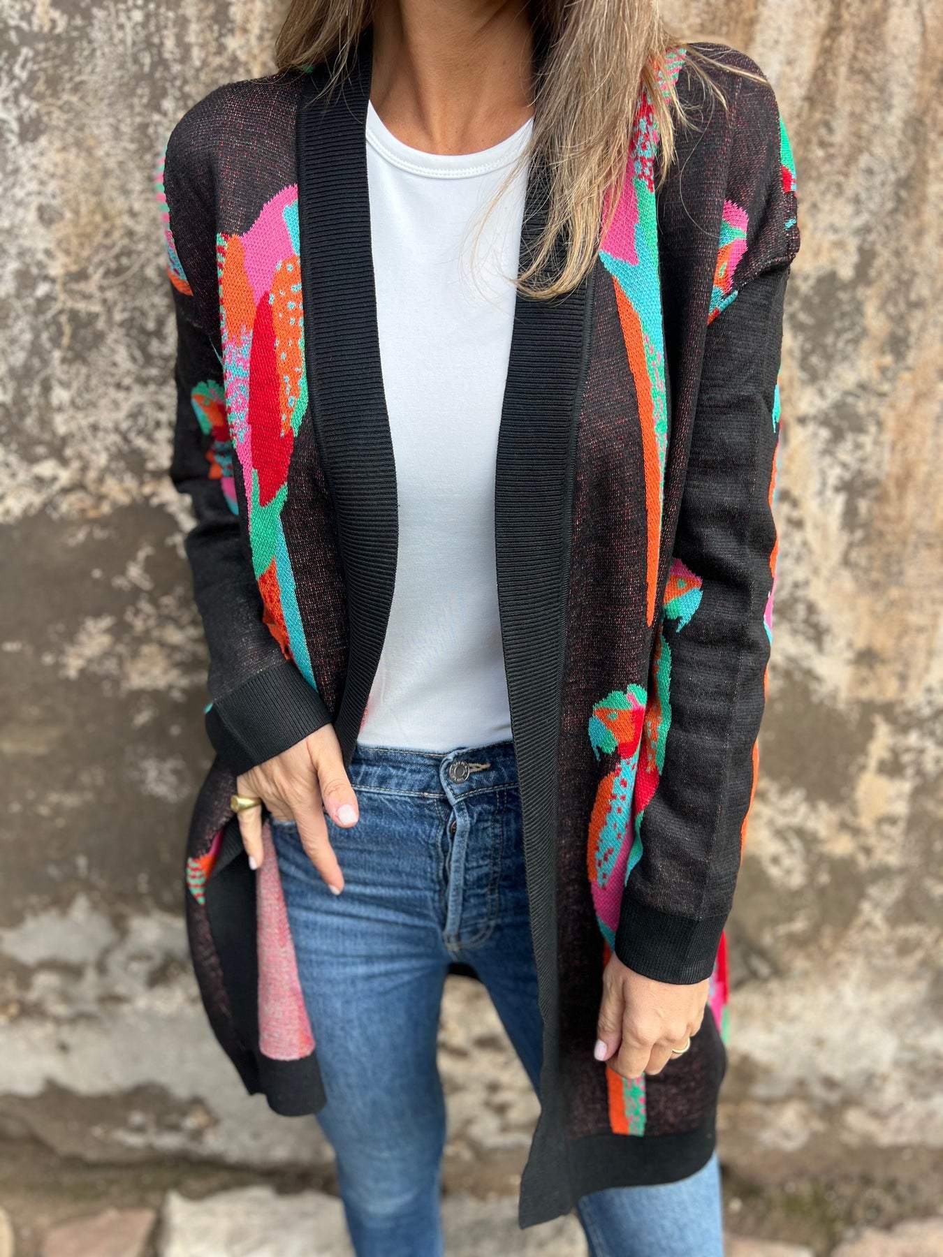 Women's V-neck Long-sleeved Knitted Printed Casual Jacket