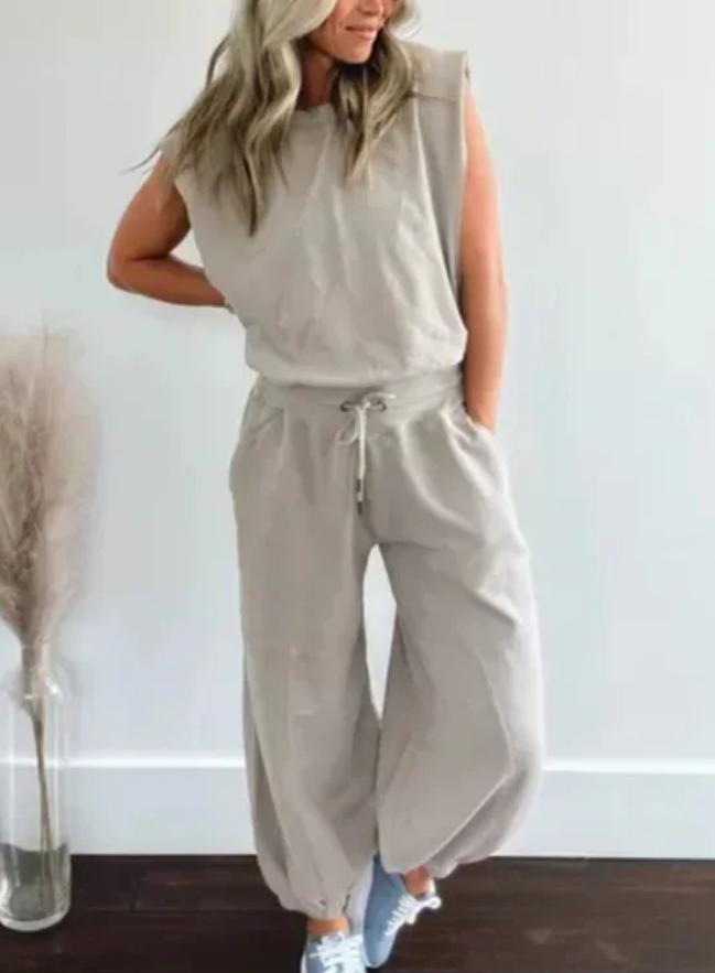 Women's Casual Drawstring Sleeveless Wide Leg  Jumpsuit