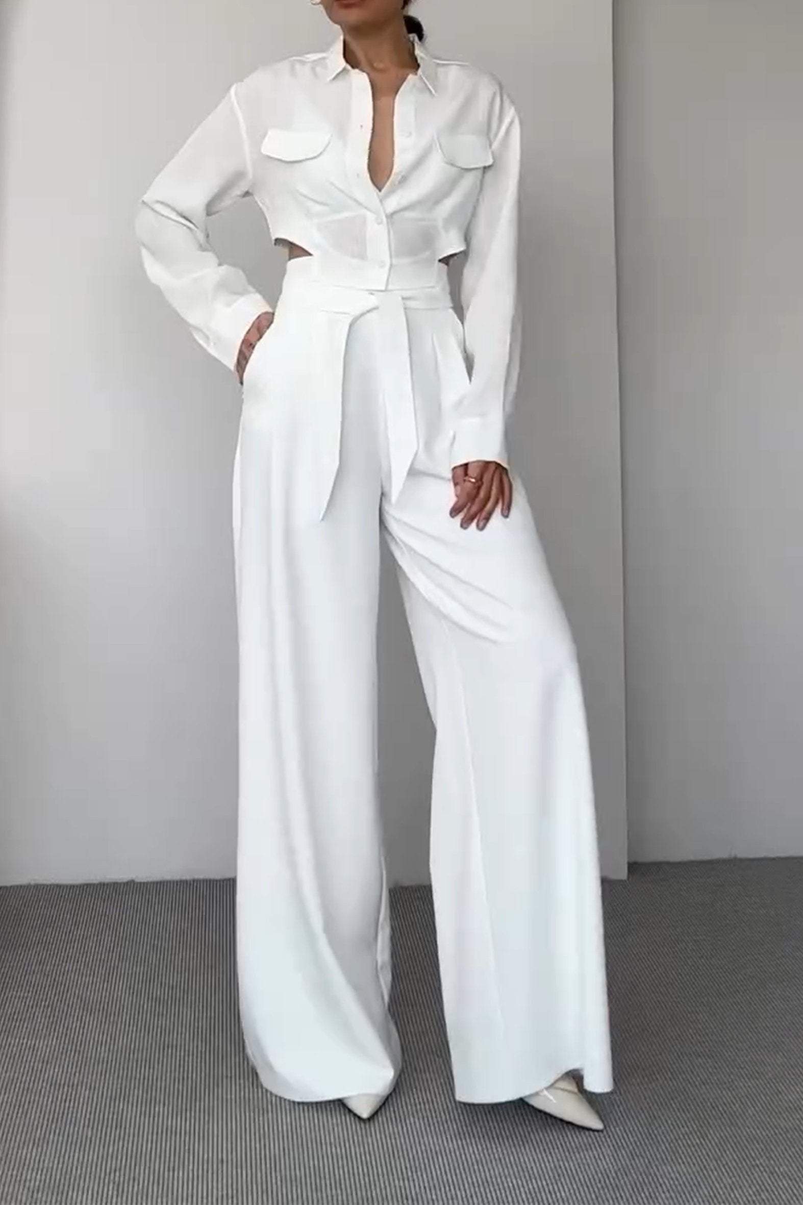V-neck strap solid color top and trousers two-piece set