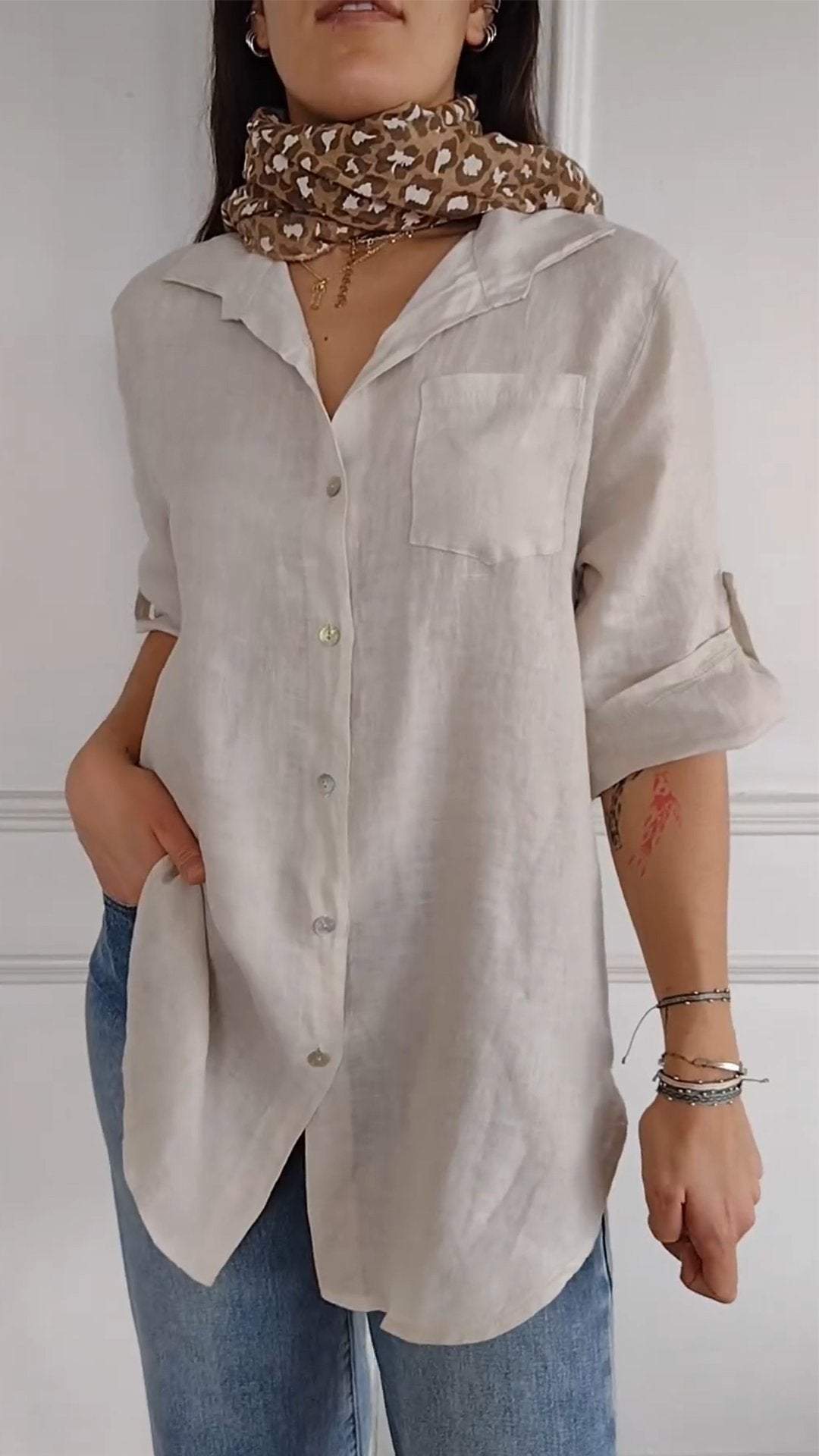 Women's Lapel Mid Sleeve Cotton and Linen Casual Shirt