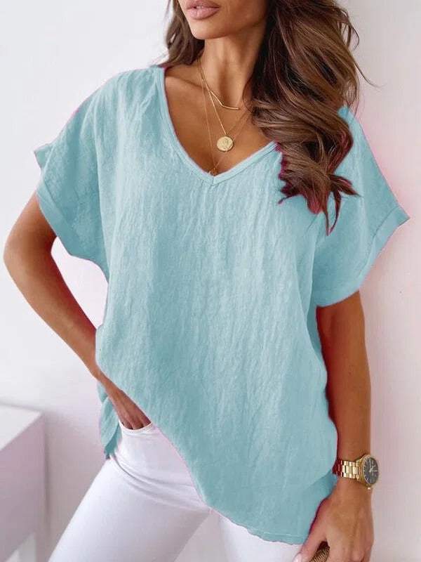 V Neck Casual Plain Summer Loose Short Sleeve White Linen Top