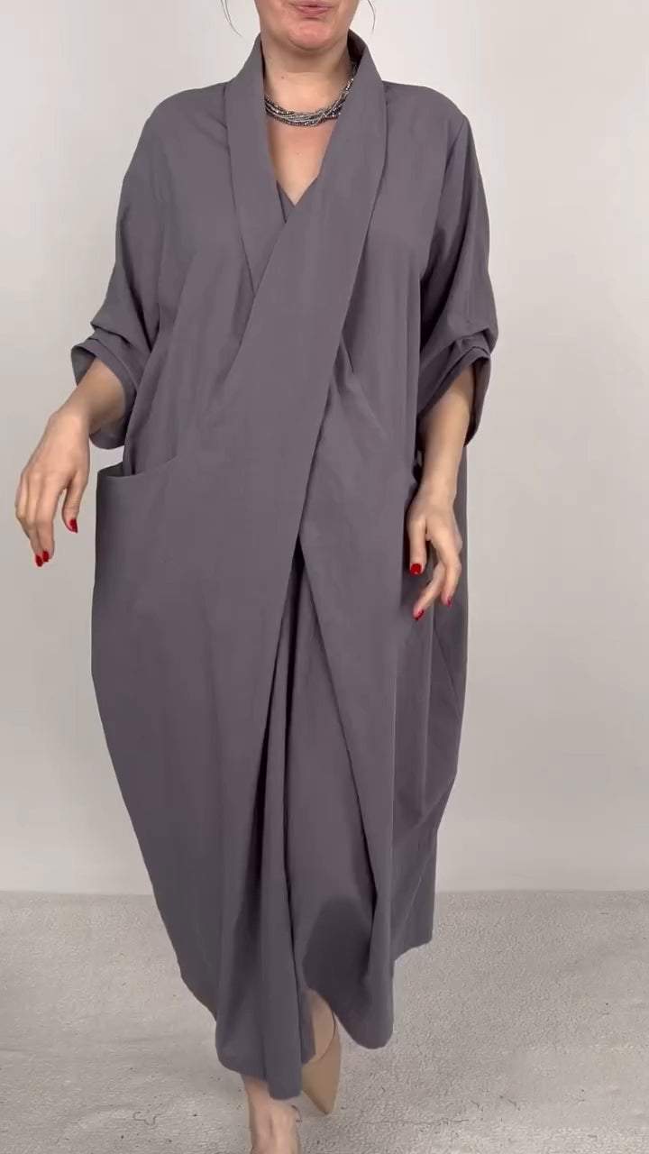 V-neck Cotton and Linen Gray Pocket Design Dress
