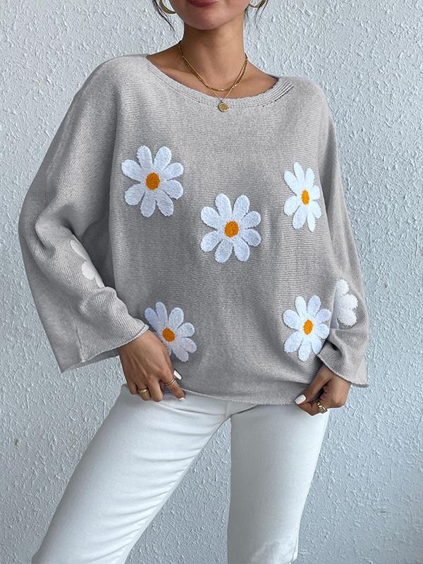 Loose Embroidered Floral Bat Sleeve Sweater Top Sweater