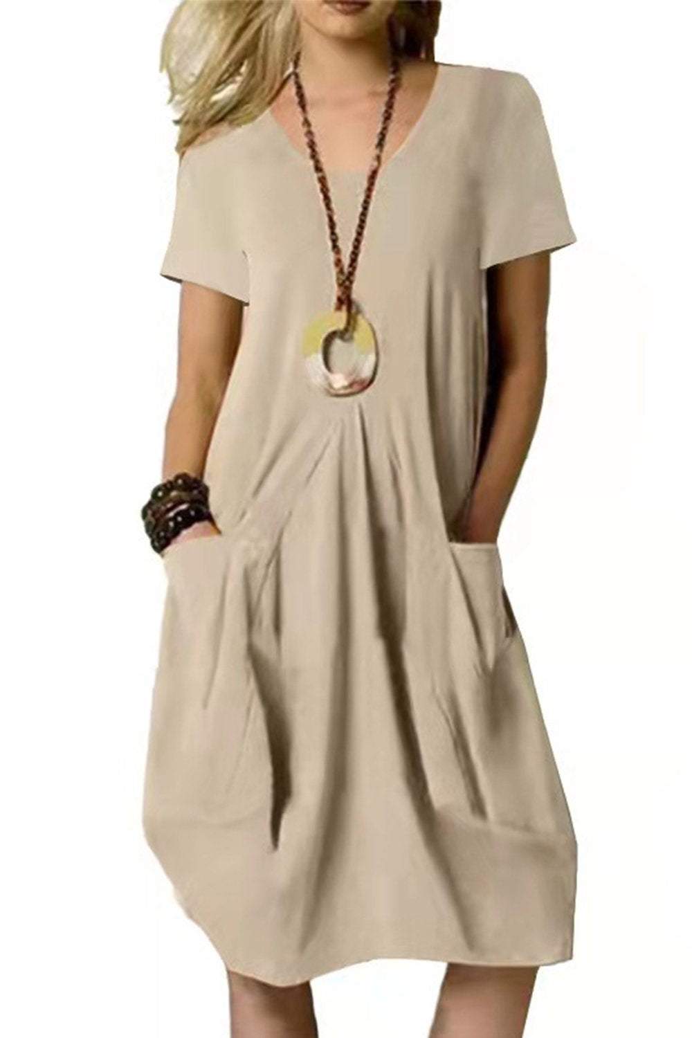 Cotton and Linen Solid Color Loose Short-sleeved Dress