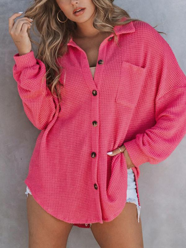 Women's Solid Color Waffle Shirt with Stand-up Collar Pocket