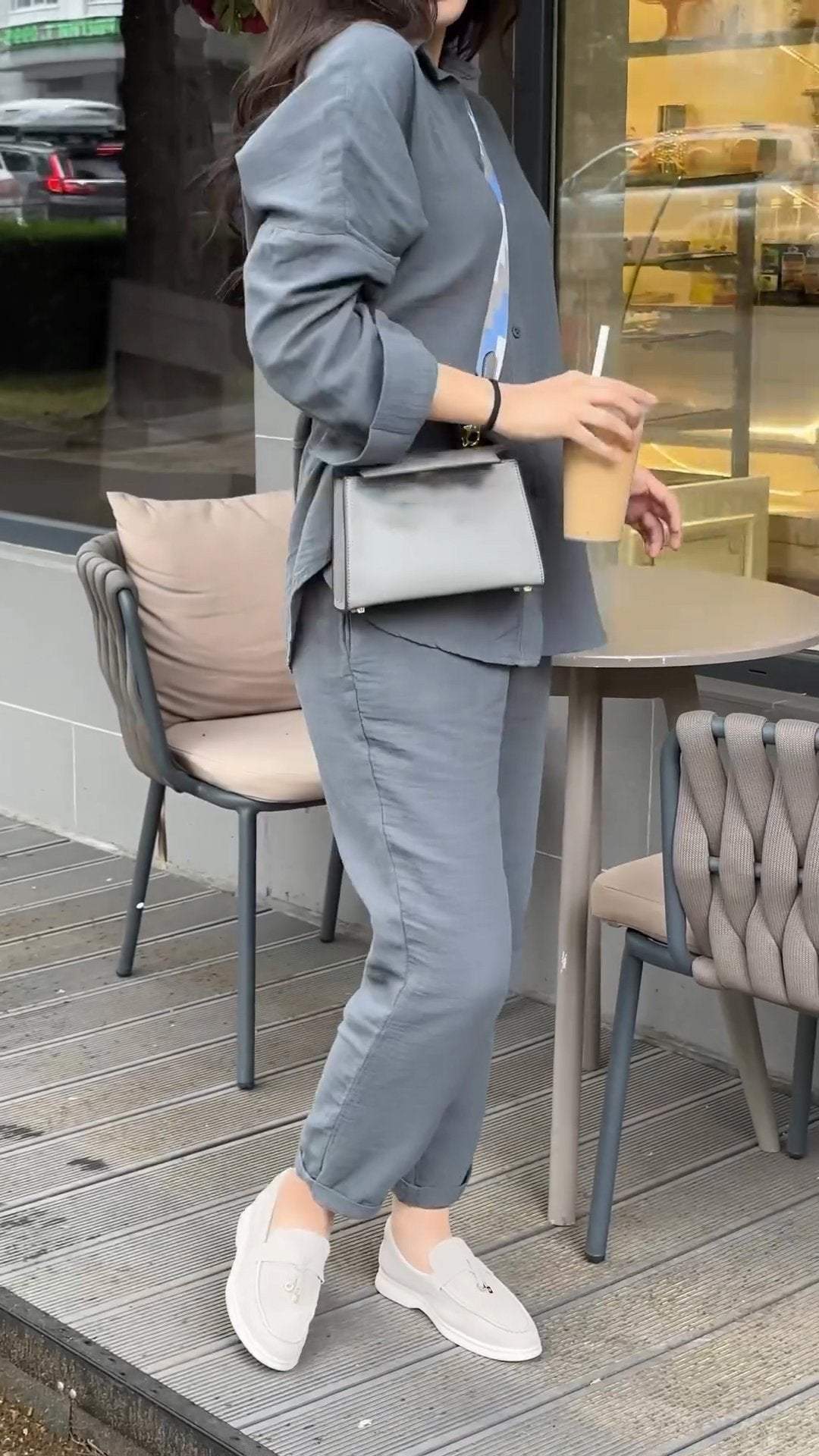 Women's Casual Lapel Solid Color Cotton and Linen Two-piece Suit