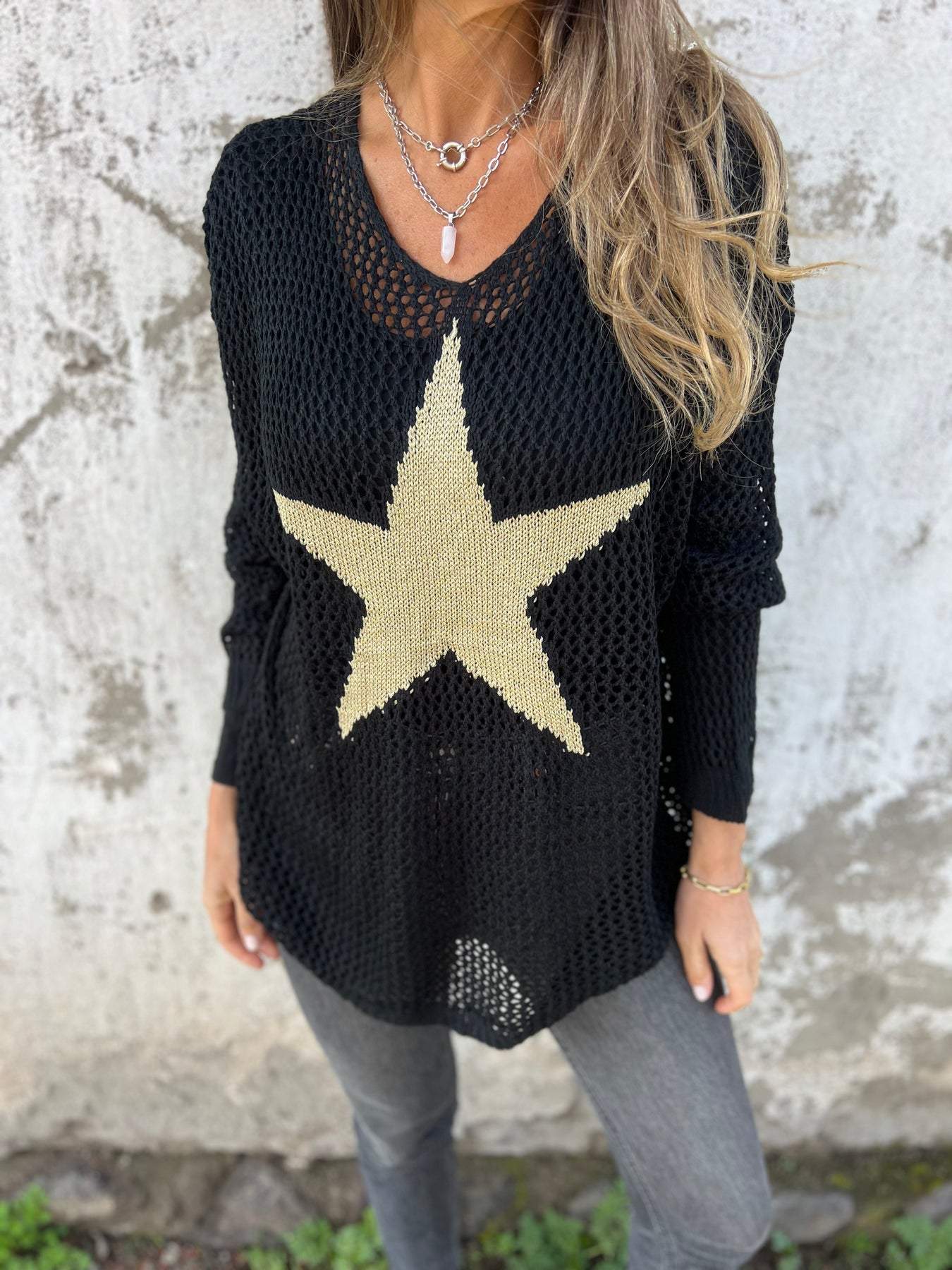 Women's V-neck Sleeve Knitted Star Print Blouse 2-piece Set