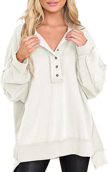 Women's Casual Oversized Button Henley Neck Pullover Tunic Sweatshirt