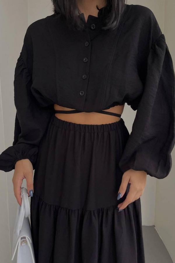 Casual Two-Pieces Outfits Solid Color Casual Top Loose Bootcut skirt Sets