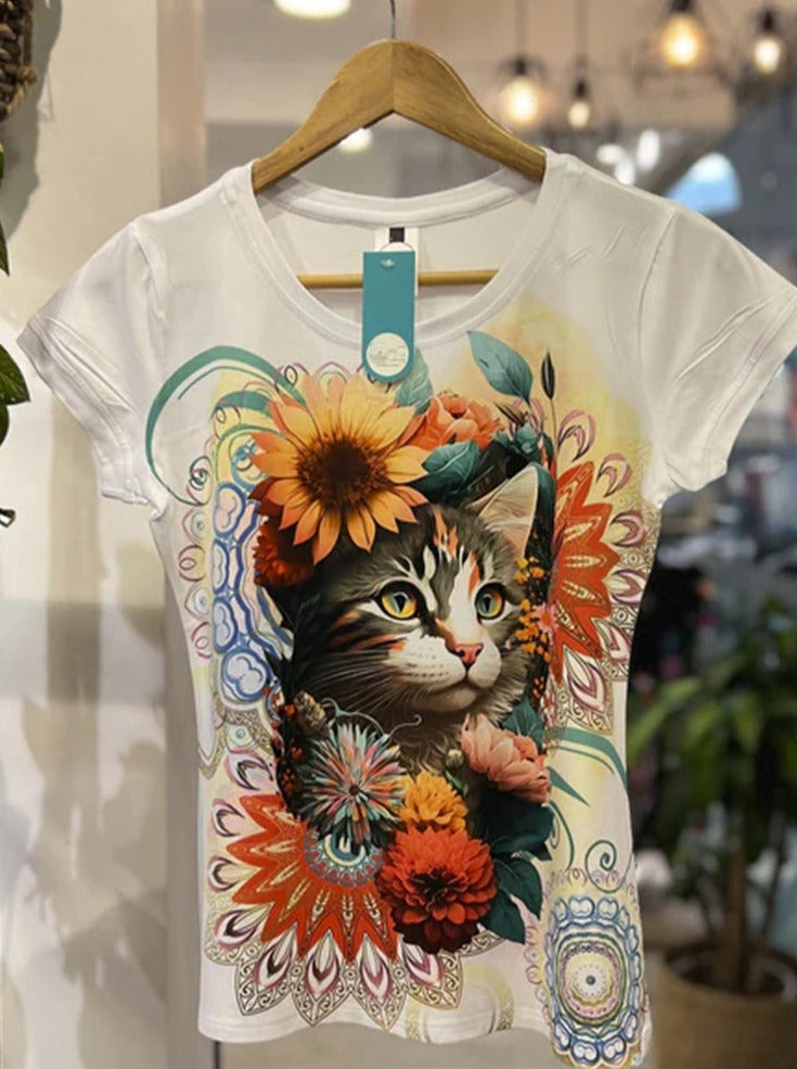 Round Neck Cat Print T-shirt