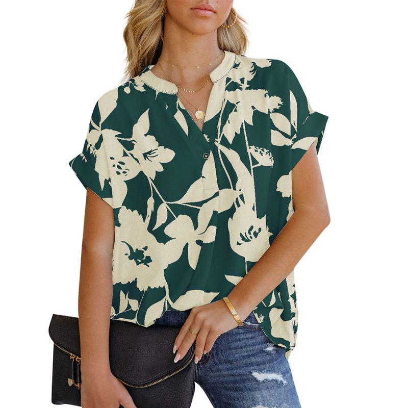 Women's loose printed short sleeve V-neck button chiffon shirt