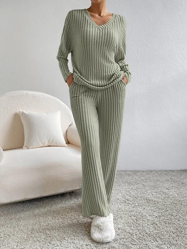 Women's Pit Strip Knitted V-neck Top and Straight-leg Pants Two-piece Set