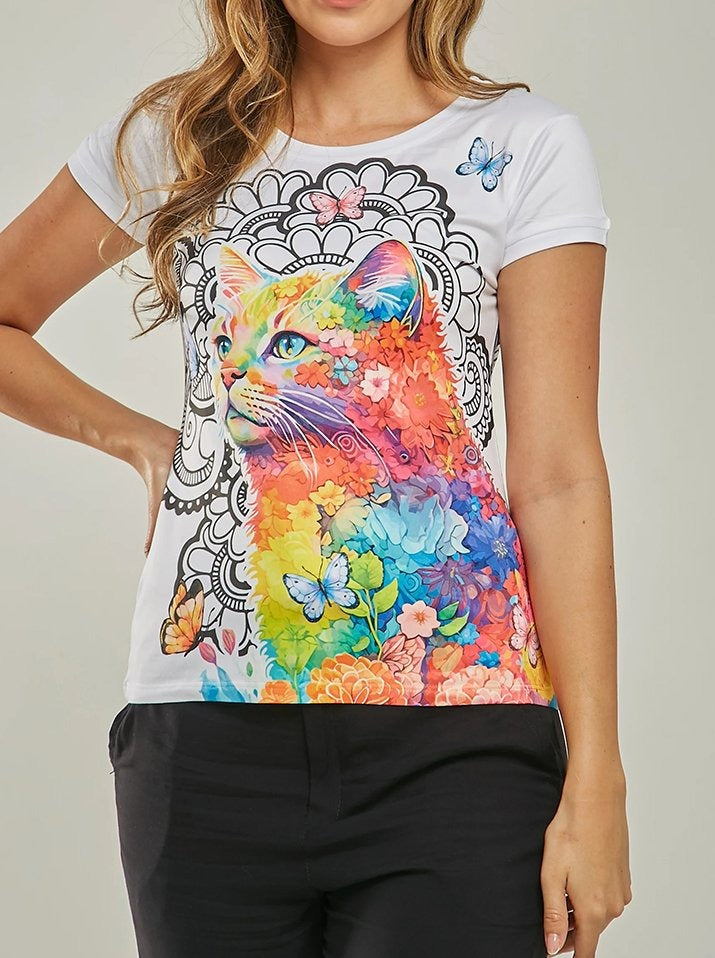 Round Neck Kitten Print T-shirt
