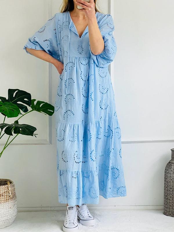 Casual V-neck Mid-sleeve Hollow Dress