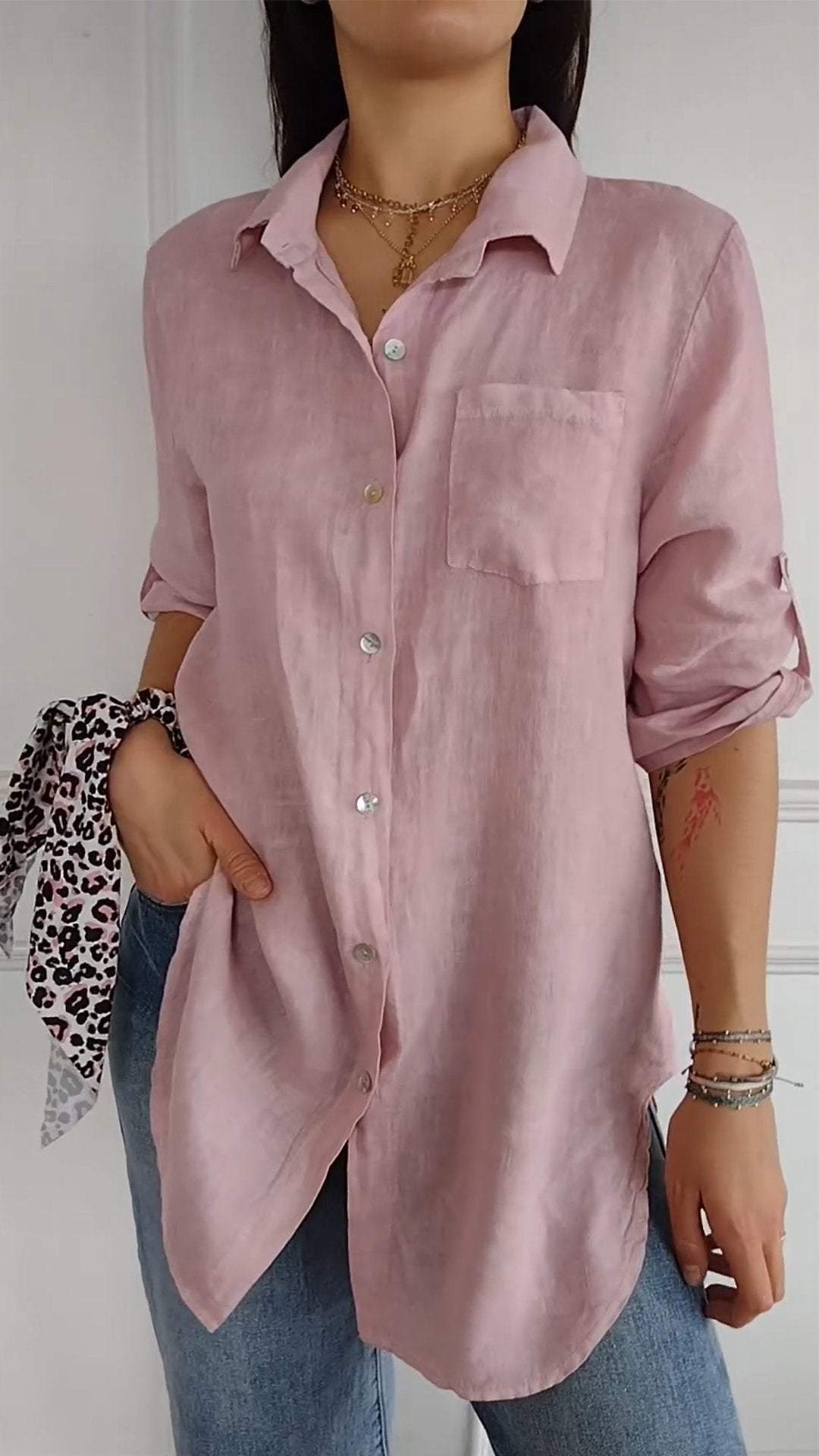 Women's Lapel Mid Sleeve Cotton and Linen Casual Shirt