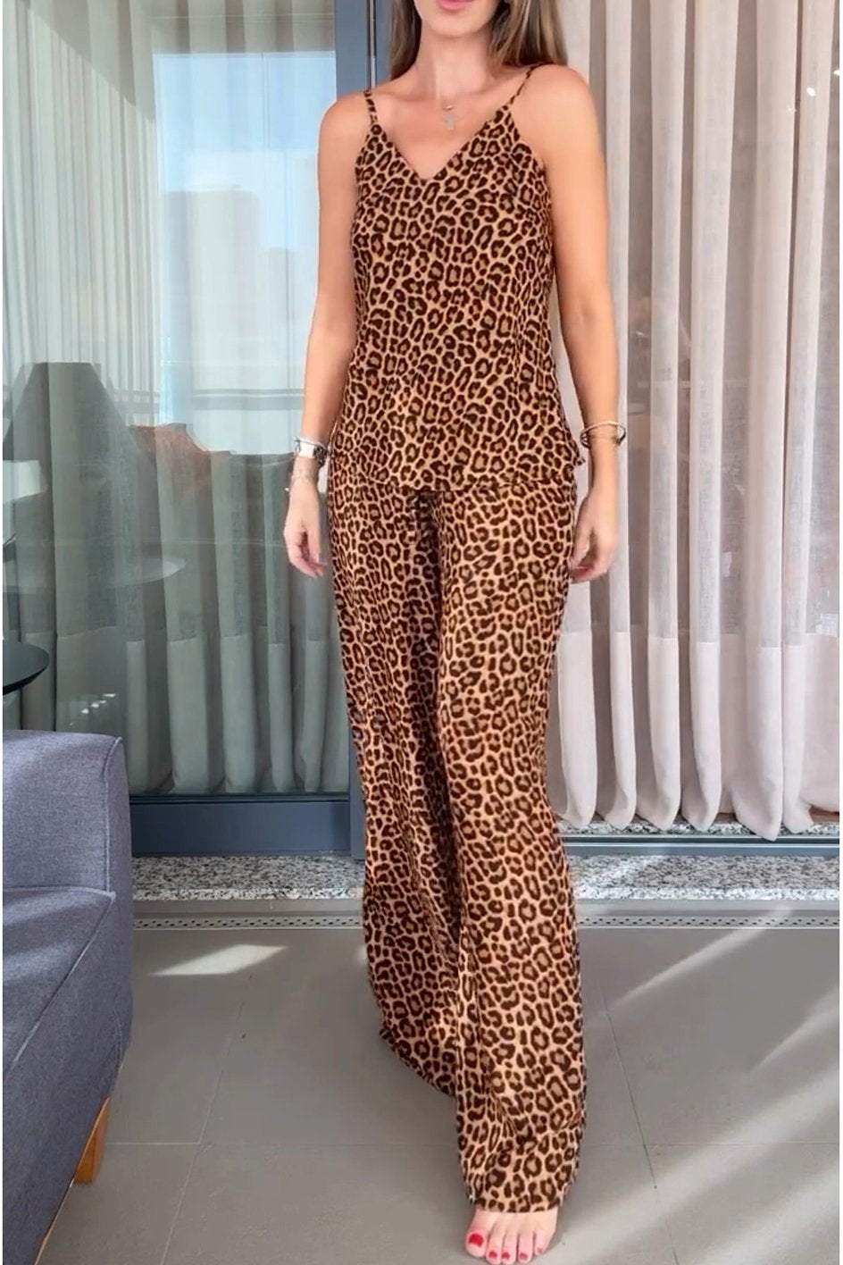 Stylish Leopard Print Sleeveless Tank Top And Trousers Two-piece Set