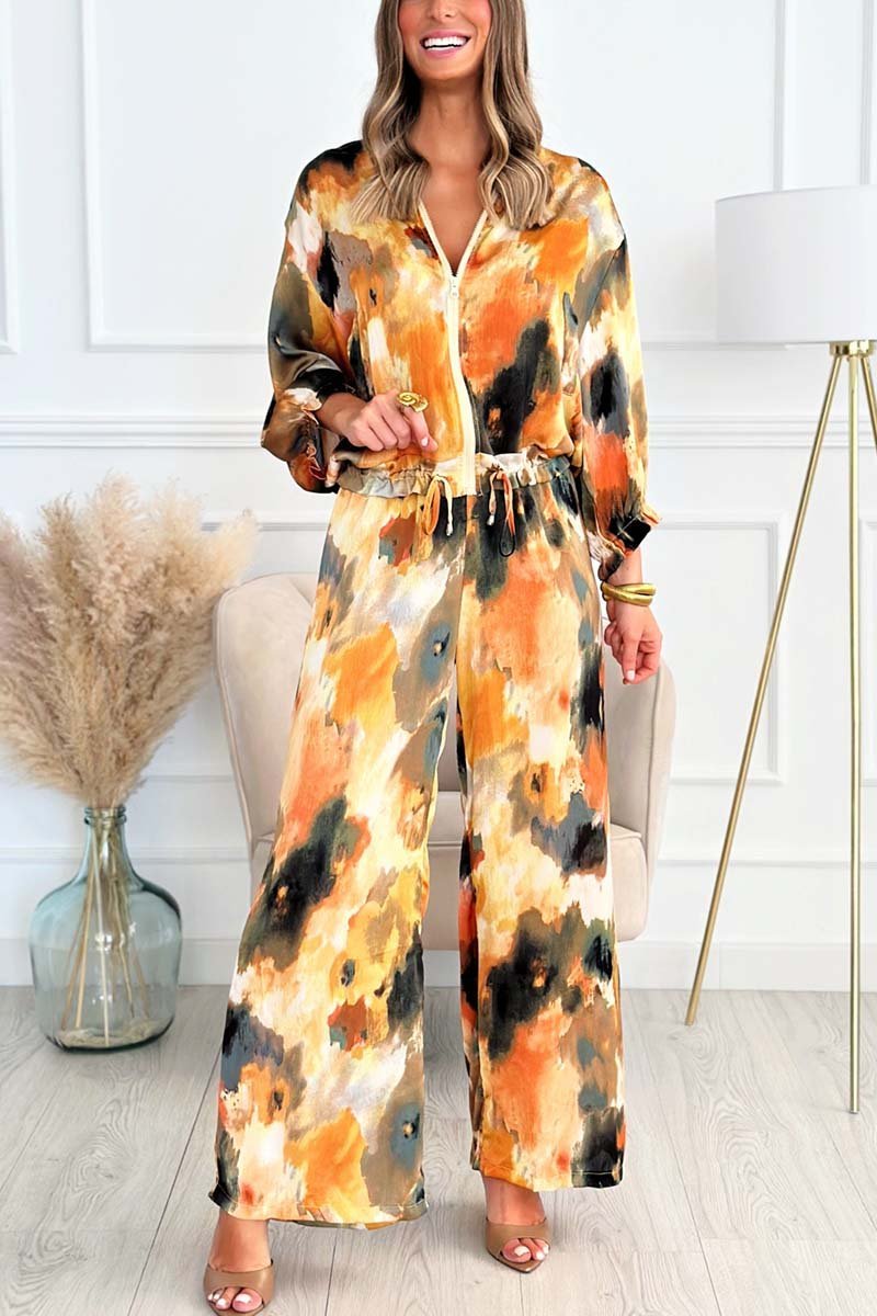 Women's Tie Dye Zip Jacket Wide Leg Pants Suit