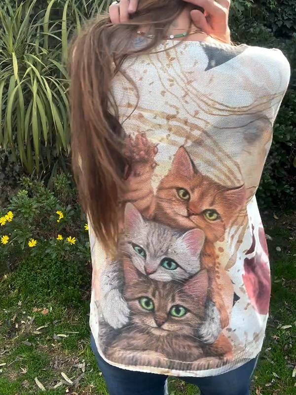 Women's V-neck Short-sleeved Cat Print Casual Top