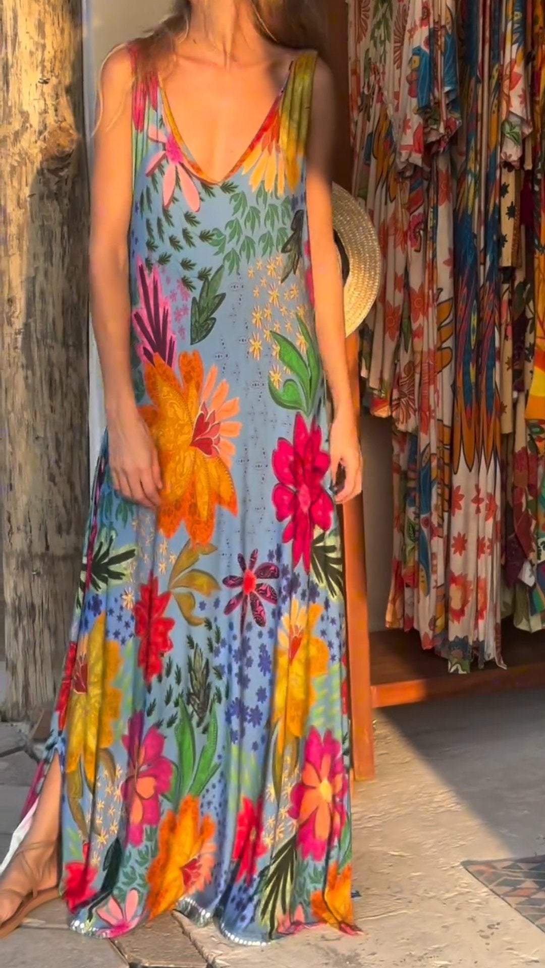 Resort Style V-neck Colorful Printed Dress