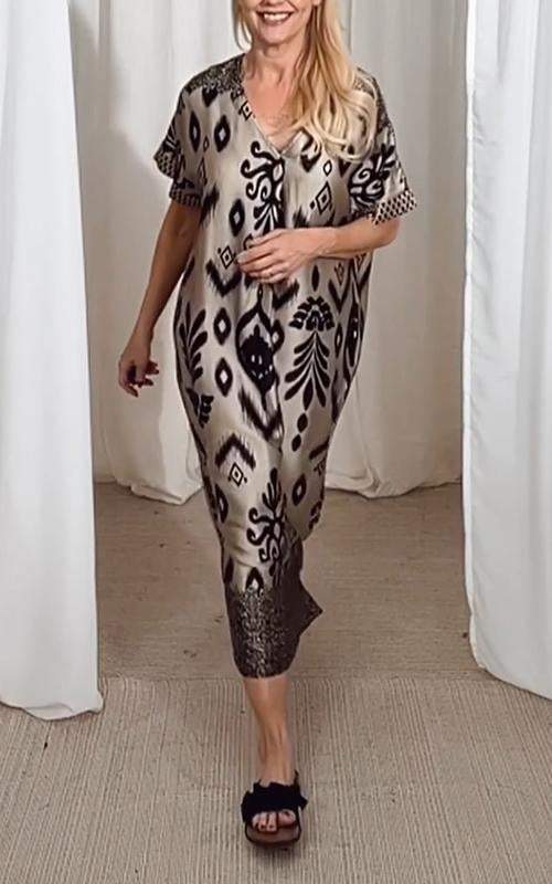 Casual V-neck Satin Printed Dress