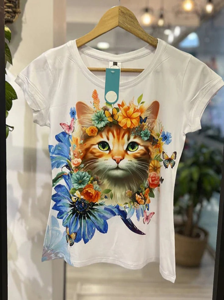 Round Neck Cat Print T-shirt