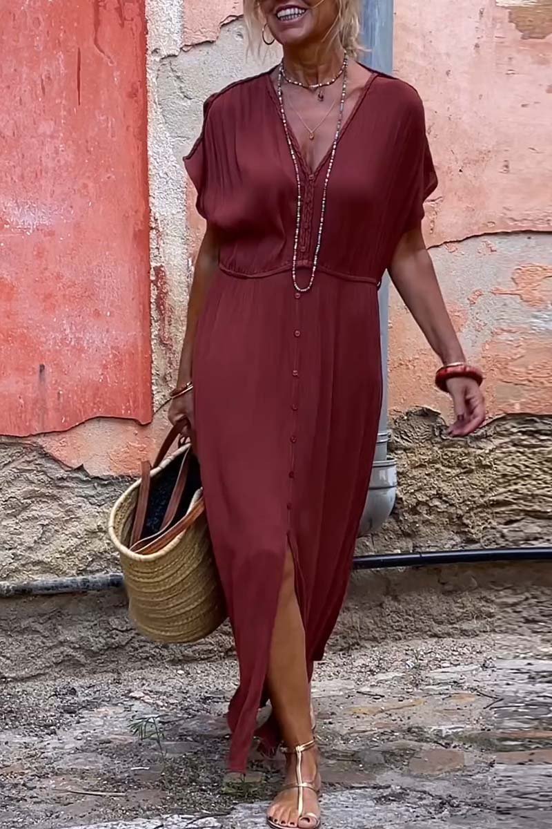 Women's casual solid color slit V-neck dress