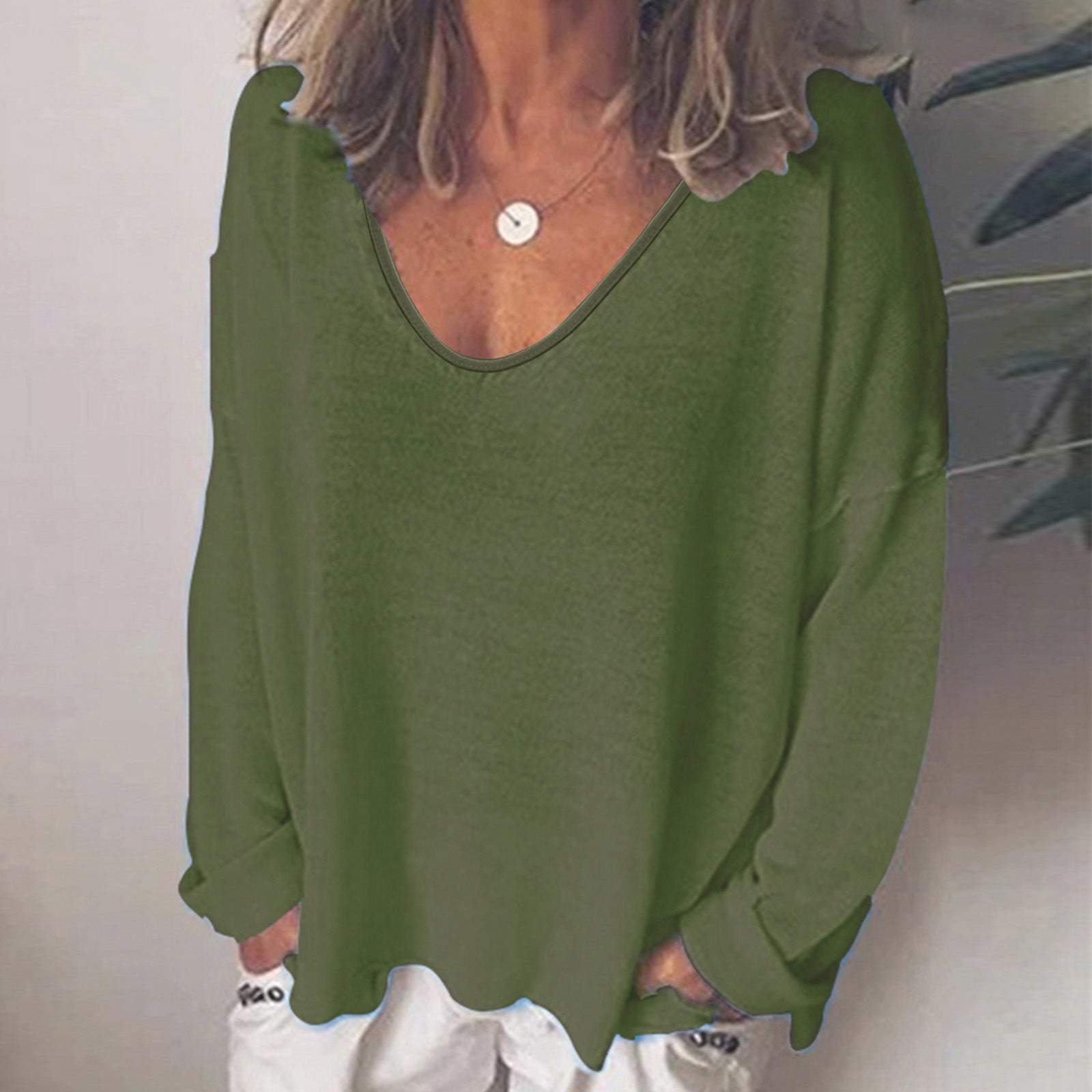 Solid color V-neck long sleeve T-shirt