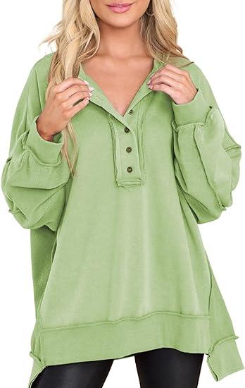 Women's Casual Oversized Button Henley Neck Pullover Tunic Sweatshirt