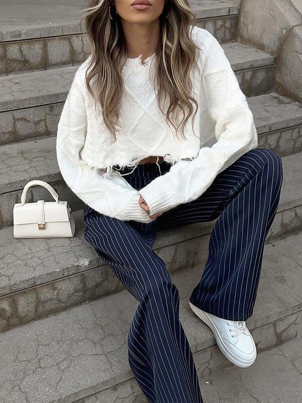 Navy blue retro striped casual wide-legged pants