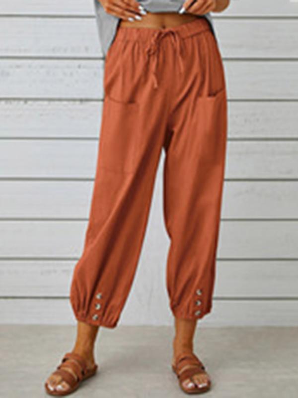 Women's pants High-waisted buttoned cotton hemp pants nine-point pants wide-legged