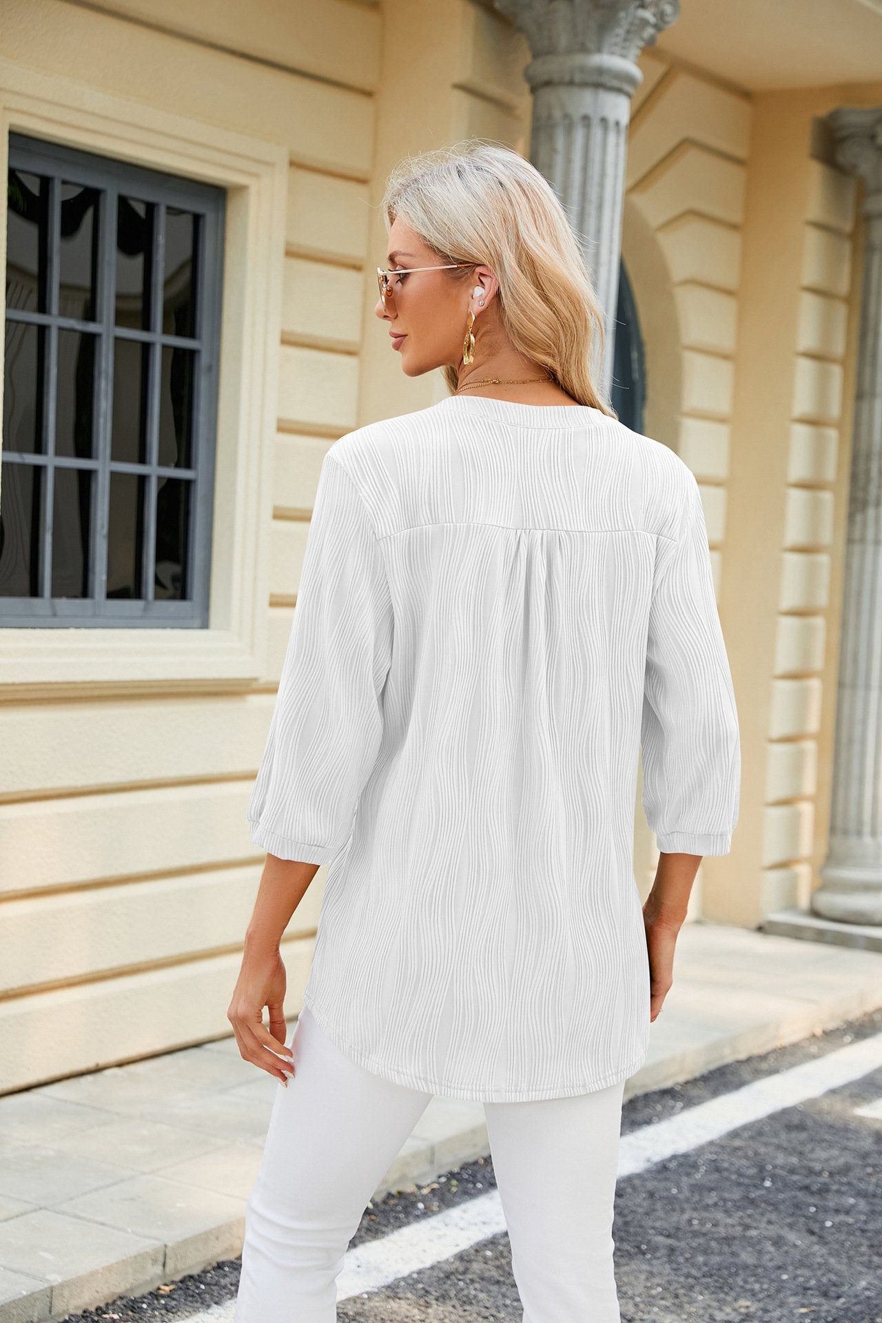 Women's Solid Color V-neck Button Casual Chiffon Top