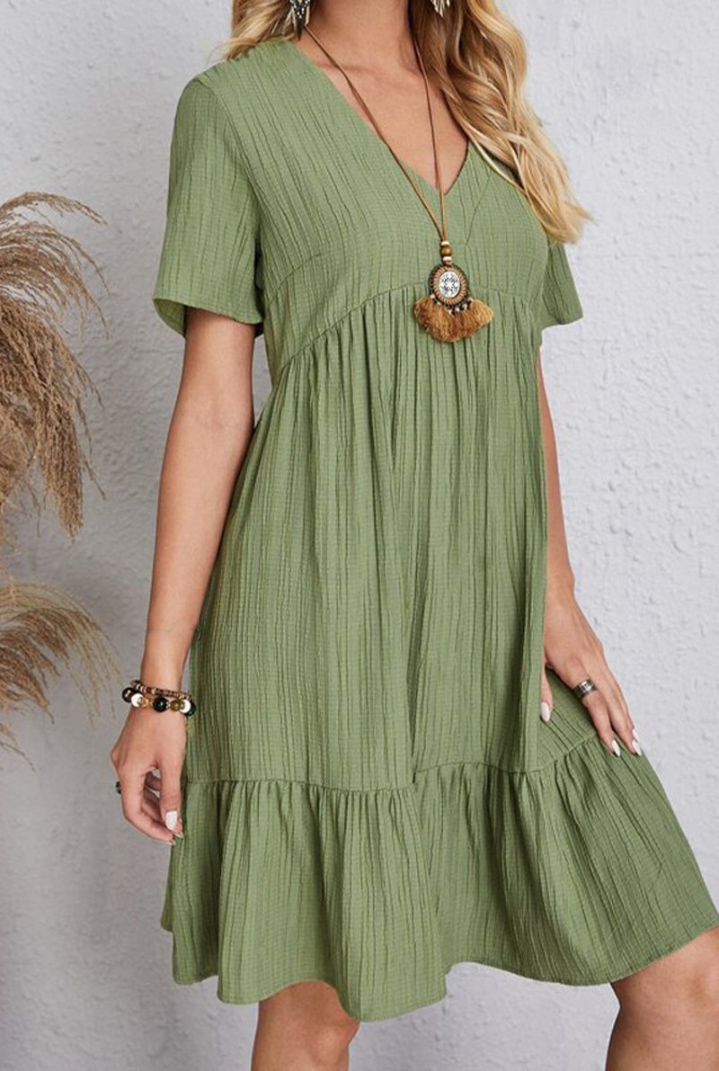 Women's Solid Vintage V Neck Dress