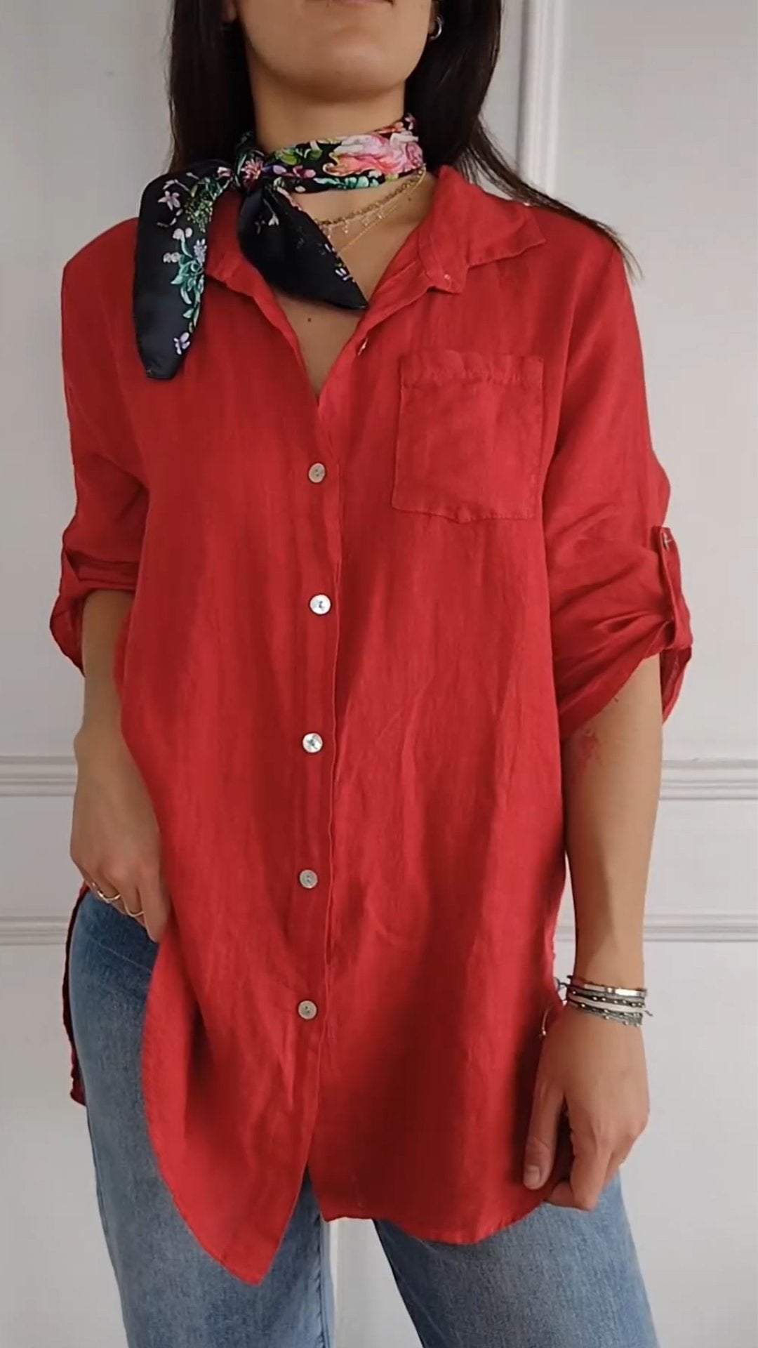 Women's Lapel Mid Sleeve Cotton and Linen Casual Shirt