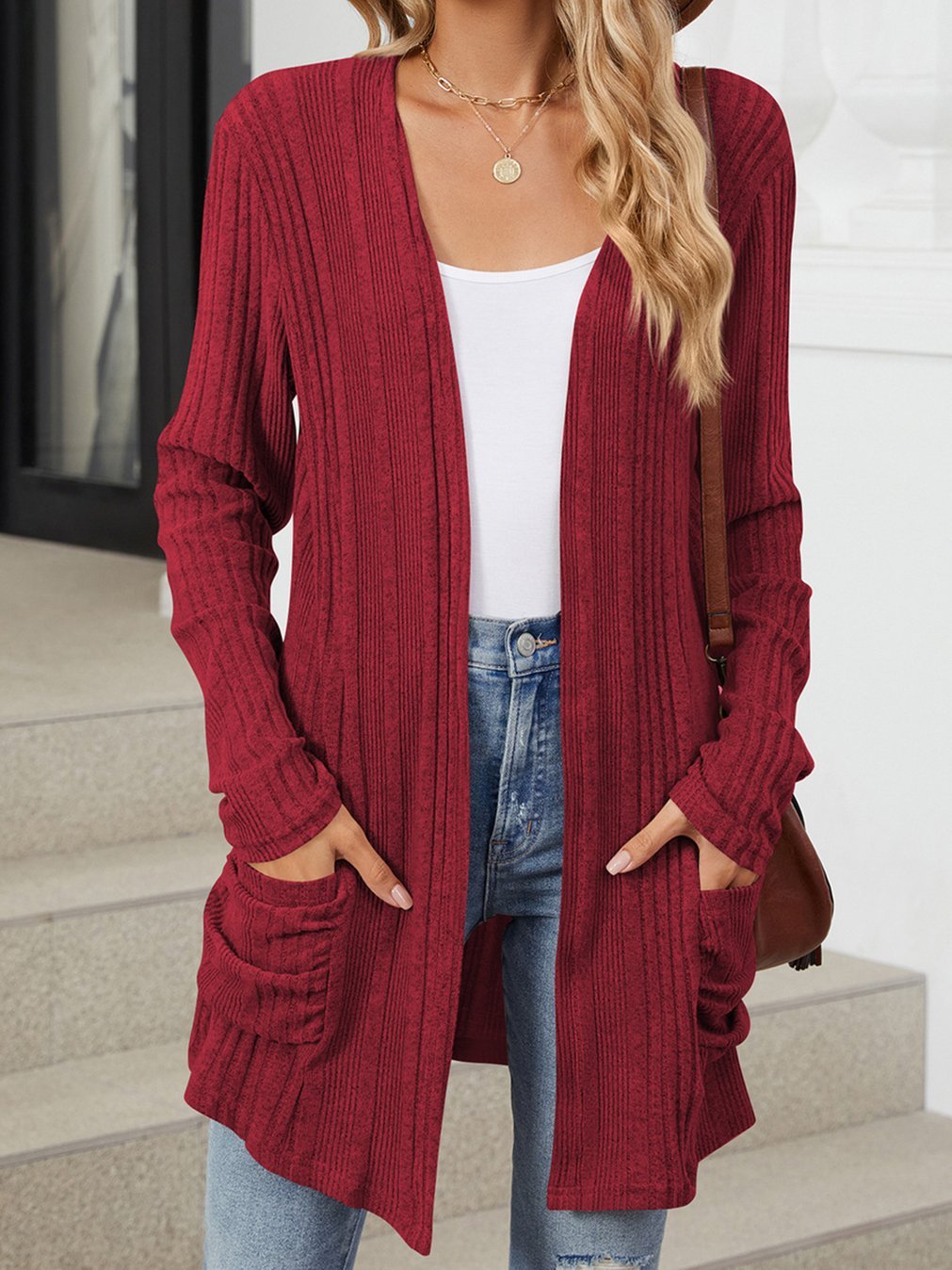 Women's Casual Solid Color Pit Long Sleeve Pocket Cardigan