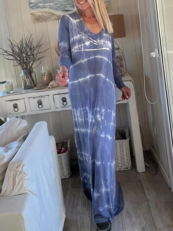 Tie-dye V-neck Long-sleeved Dress