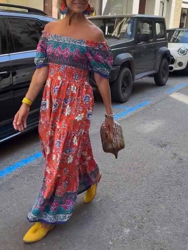 Women's Off-shoulder Colorful Printed Dress