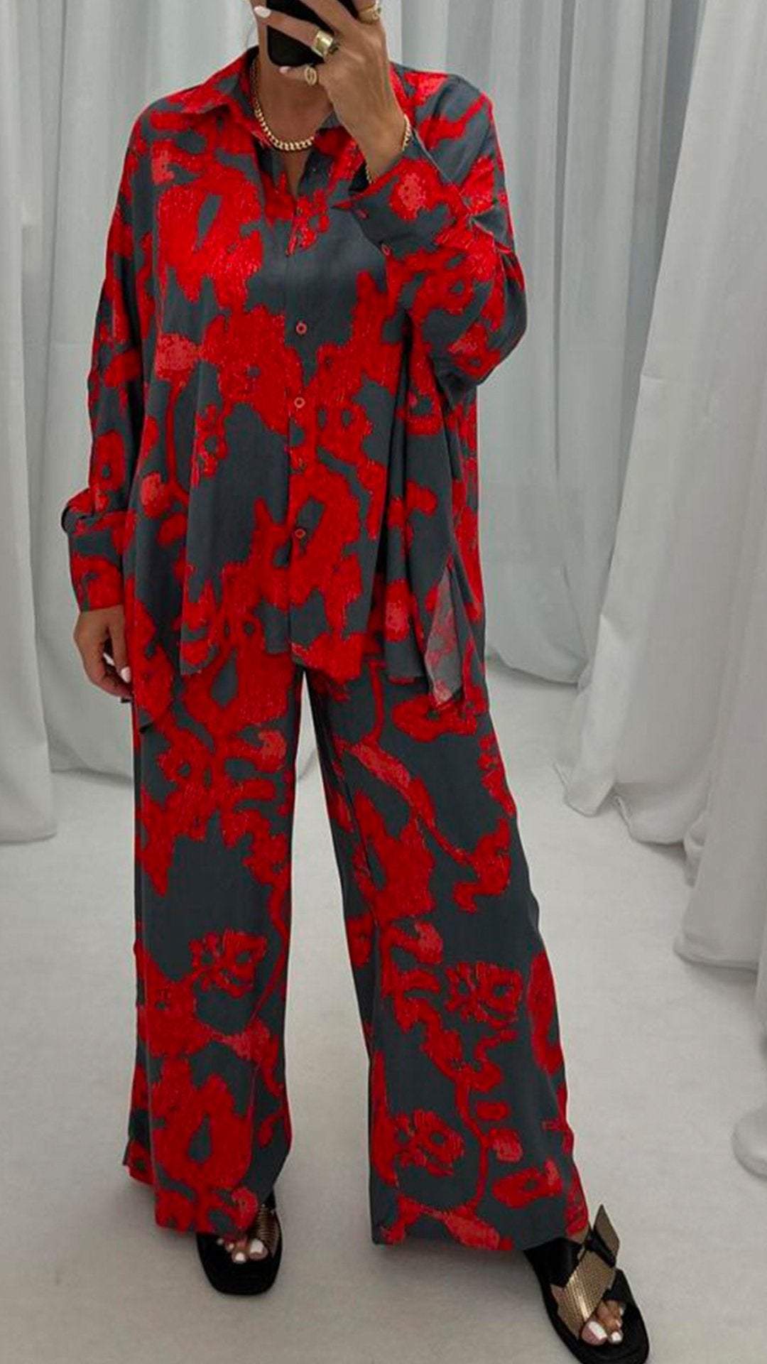 Women's Lapel Long-sleeved Printed Casual Suit