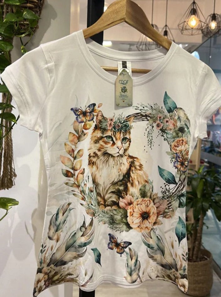 Round neck cat print short-sleeved T-shirt