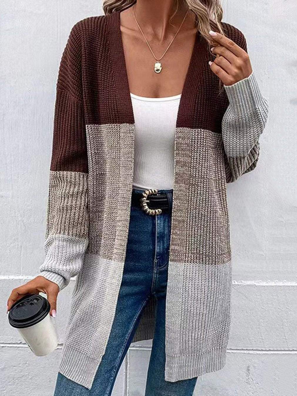 Women's Casual Contrast Color Mid-Length Knitted Cardigan